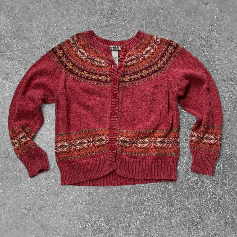 Tiara International Red Geometric Fair Isle Cardigan Sweater Womens XL